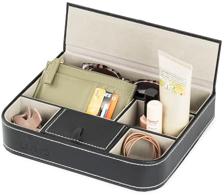 LIVIVO Deluxe 6 Compartment Valet Organiser Tray - Premium Quality Black Textured Leather Effect Table Desktop Dresser Wallet Office Jewellery Storage Box with Faux Suede Lining Hinged Lid