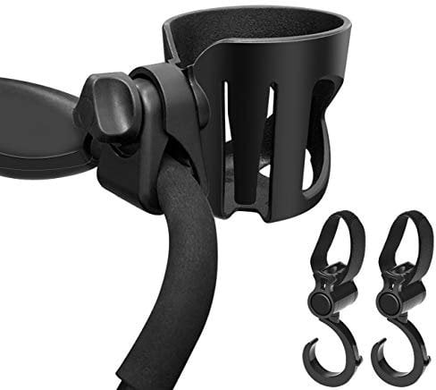 Pram Cup Holder, VDROL Stroller/Pushchair Cup Holder with 2 Hooks, Universal Baby Bottle Organizer for Stroller, Drink and Coffee Cup Holder for Baby Buggy and Bike, 360 Degree Rotation (Black)