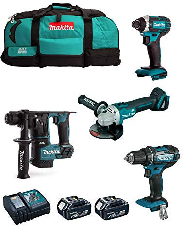 MAKITA Kit MK401 (Trapano Avvitatore DDF482 + Tassellatore DHR171 + Mini-Smerigliatrice DGA504 + Avvitatore ad Impulsi DTD152 + 2 Batterie 5,0 Ah + Caricabatterie + LXT600)