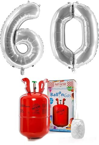 PARTY FACTORY Helium Set 60 mit XXL Zahlenballons, Ballongas und Ballonschnur - für Geburtstag, Jubiläum, Jahrestag; Gold, Silber, Schwarz, Pink, Rosa, Rosagold, Bunt (Silber)