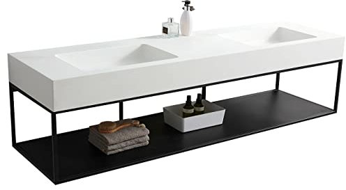 Wandwaschbecken Doppelwaschtisch BA8015, Hänge-Waschbecken aus Mineralguss - 153 x 45 x 12 cm - Farbe wählbar - Metallkonsole optional, Farbe:Weiß Matt, Untergestell:Untergestell 153S hängend