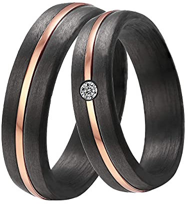 DOOSTI Damen Herren Ring Carbon Schwarz mit Edelstahl Einlage Rosegold mit Zirkonia als Partnerring Ehering Freundschaftsring (Ring ohne Zirkonia, 50 (15.9))