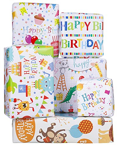 QINREN Kinder Packungen Geschenkpapier,6 Stück 70 cm x 50 cm Geschenkpapier Geburtstag Bunt Tiere Geschenkpapier Kinder für Kindertag Festival Party