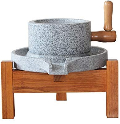 Broyeur de moulin à pierre/moulin à pierre fait main/broyeur, ancien moulin à main de ménage fait à la main pour le grain, le haricot et l'orge, avec cadre en bois