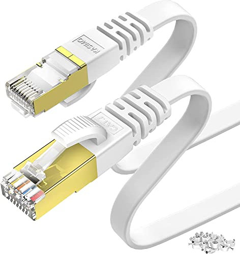 KASIMO Cat 7 Cable Ethernet de Red 25m, Cable Internet Plano 10 Gbps / 600 MHz, SFTP Cable LAN Con Conector RJ45 Enchapado en Oro, Blanco