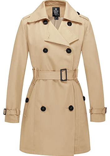 Wantdo Cappotto Antivento Doppiopetto Autunnale Trench Casual con Cintura Parka Elegante Media Lunghezza Giacca Bavero Vintage Donna Cachi 48