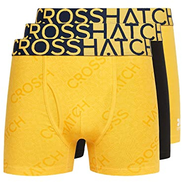 Crosshatch Men’s Typan Boxer Shorts (Pack of 3), Stretch Cotton Trunks with Front Fly Opening & Jacquard Branded Waistband, Patterned & Marl Design, Sizes S-XXL, Yellow, Teal, Blue