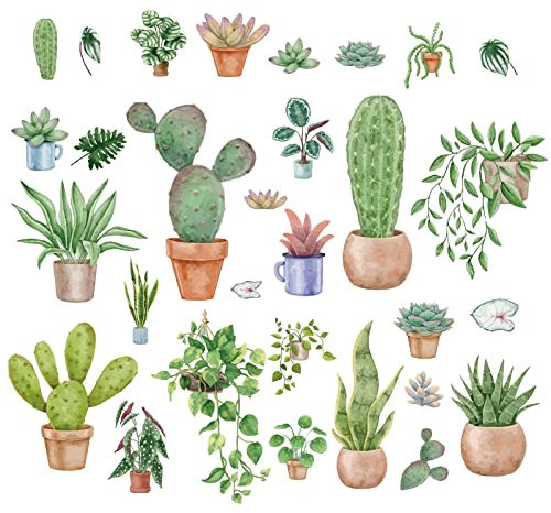 CRASPIRE Cactus Potted Wall Decals Green Plants Window Stickers Peel and Sticker Waterproof Removable Vinyl Wall Art for Bathroom Classroom Bedroom Living Room Decorations
