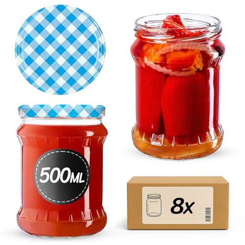 KADAX 8er Set Einmachgläser 500ml TO82 Blau Kariert, Sturzgläser Mason Jar mit Schraubdeckel, Luftdichte Twist-off Gläser, Meal Prep, Overnight Oats, Sauerteig
