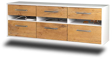 Lqliving TV-Board Lowboard Raleigh, Wandmontiert, Korpus in Weiss matt, Front im Holz-Design Eiche (136x47x35cm), mit Metall Griffen, Made in Germany