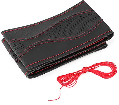 Lenkradbezug, 38 cm Lenkradbezug, Handnähte, Prägung mit Nadel und Faden, Universal-Leder (Schwarz Rot)