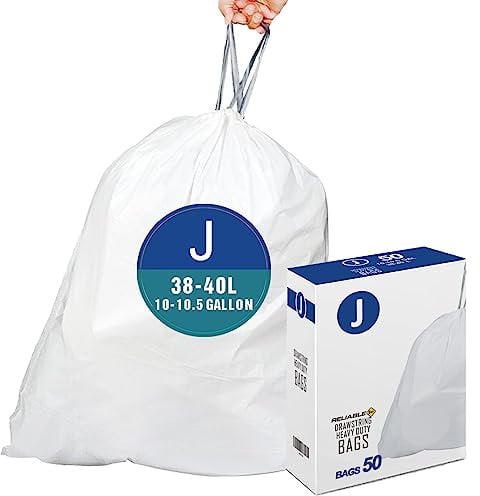 Code J Heavy Duty Trash Bags with Reinforced Drawstring for 10-10.5 Gallon/38-40 Liter Compatible with simplehuman Code J (50 Count) | Tear & Leak Resistant Drawstring Garbage Liners …