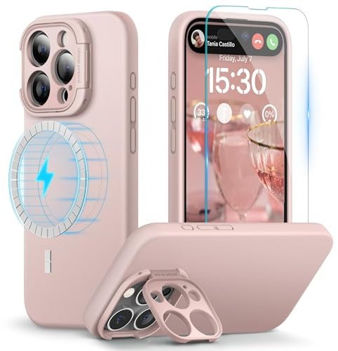 pcgaga Designed for iPhone 15 Pro Max Case and Screen Protector, Silicone Phone Cover with MagSafe, Invisible Stand, Shockproof Full Body Protection with Microfiber Lining, 6.7, Pink