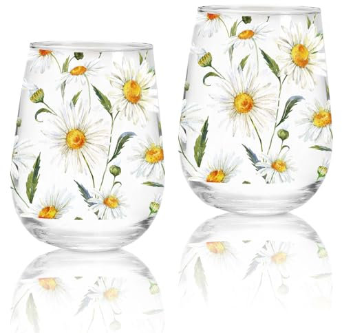 Whaline 2Pcs Spring Stemless Wine Glasses 17oz Watercolor Daisy Drinking Glasses Daisy Flower Tumbler Cups for Party Supplies Gifts