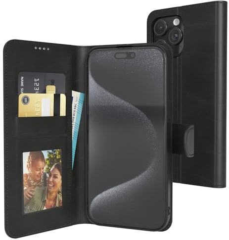 EAZY CASE - Klapphülle für iPhone 15 Pro Max Hülle klappbar Kameraschutz Schutzhülle magnetisch Flip Case Ständer Kunstleder Klapptasche Kartenfach Sichtfenster für Foto Premium Handyhülle Schwarz