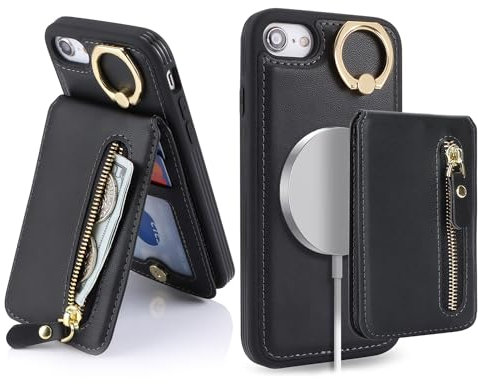 Ｈａｖａｙａ für iPhone 7 Hülle Kompatibel mit Magsafe für iPhone 8 Hülle kartenfach Abnehmbar 2 in 1 Reißverschluss geldbörse Herren und Damen iPhone SE(2020/2022) - Schwarz