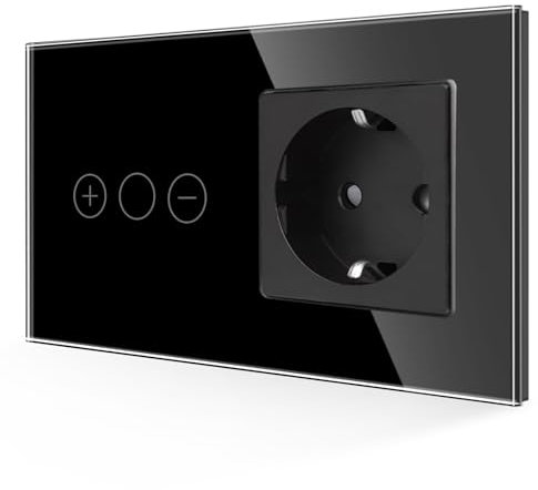 JIMEIDA Dimmschalter mit Steckdose in Schwarz,Touch Dimmer Lichtschalter Gehärtete Glasscheibe mit LED-Hintergrundbeleuchtung,157 * 86MM