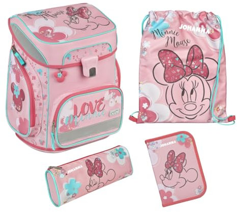 Schulranzen Set 5-tlg Disney Minnie Mouse Mädchen 1. Klasse - Mit personalisiertem Inhalt - Schultasche mit Turnbeutel Federmappe für Grundschule