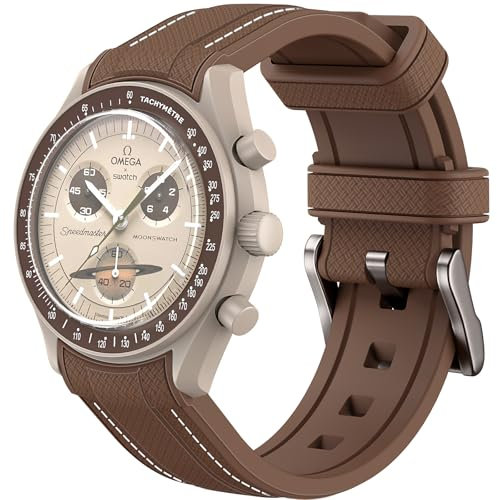 Armband für Omega x Swatch MoonSwatch 20mm, weiche Silikon Omega X Swatch Moonswatch Speedmaster Ersatzband ohne Lücken, gebogenes Moonswatch Swatch Armband für Männer Frauen (Braune weiße Linie)