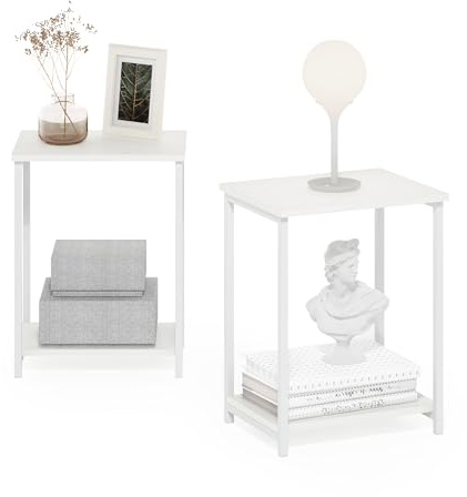 Furinno Simplistic Industrieller Beistelltisch mit Metallrahmen, 2er-Pack, Weiß/Weiß