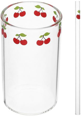 ABOOFAN Cute Water Cup Cherry Design Glass Tumbler Reusable Cup Milk Bottles