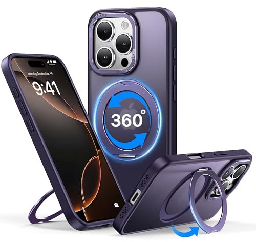 QTlier für iPhone-16 Pro Hülle, 360° Drehbare Ringständerhülle Kompatibel mit MagSafe, [Schutz in Militärqualität] [Erhöhter Kamerarahmen] Kickstand-Hülle für iPhone-16 Pro 6,1,Dunkellila