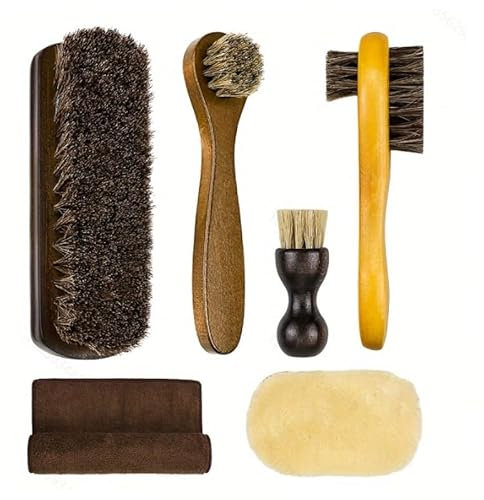 YUET 6 Pièces Kit Brosses à Chaussures, Brosse en CRIN de Cheval pour Cirage,Brosses Applicatrices pour Cirage,Gant de Cirage,Kit Nettoyage Chaussure,Brosse Daim Chaussures