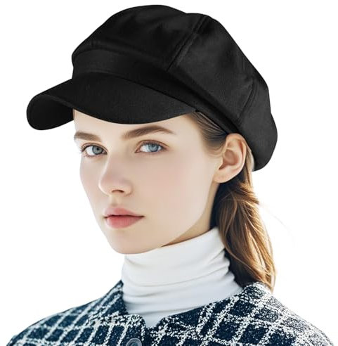 Yoolhamy Newsboy Hut für Damen, Vintage, klassisch, achteckig, Cabbie Cap, verstellbar, modisch, Sonnenschutz, Visierhüte, Schwarz, Einheitsgröße