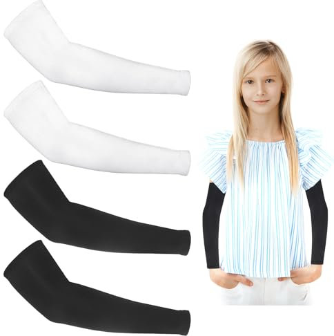 Kids Arm Sleeves Youth Arm Sleeves Breathable Arm Compression Sleeve Outdoor Sport Protection Arm Sleeves for Volleyball Football Baseball Basketball Boys Girls, 2 Pairs, Black White