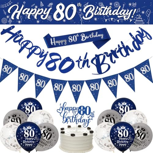 Happy 80th Birthday Decorations - Navy Blue Silver Banners, Party Decorations, 9ft Banner, Bunting, Sash, Confetti, Latex Balloons, Cake Toppers, Triangle Flags