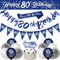 Happy 80th Birthday Decorations - Navy Blue Silver Banners, Party Decorations, 9ft Banner, Bunting, Sash, Confetti, Latex Balloons, Cake Toppers, Triangle Flags