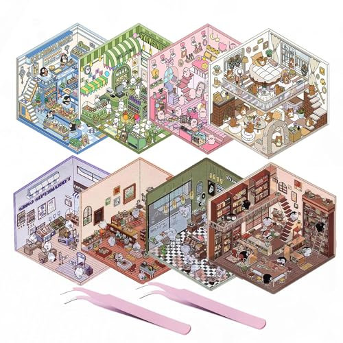 8 Sets DIY 3D Haus Sticker - Machen Sie Ihre Eigene Supermarkt, Café, Restaurant, Buchhandlung Szene - Stapelbare Aufkleber, Stil A+C