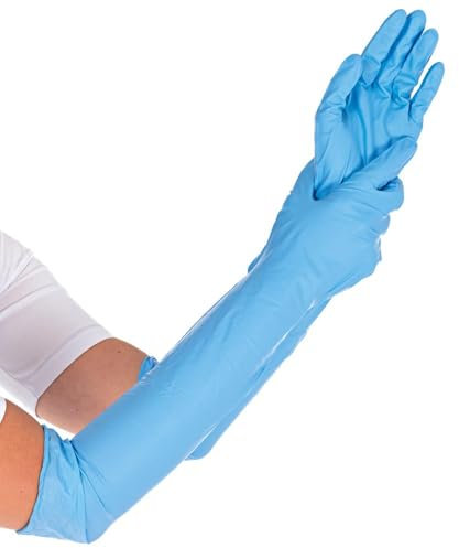 FRANZ MENSCH 50 Stück Hygostar Nitrilhandschuhe Extra Safe Superlong | puderfrei, Packung, blau, 10/XL, L: 50cm, Nitrilhandschuhe, Schutzhandschuhe, Einmalhandschuhe