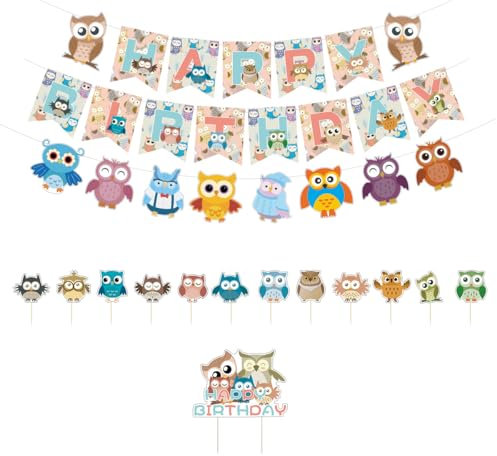 Eulen-Geburtstagsparty-Dekorationen, niedliche Eulen, Happy Birthday-Banner, Cartoon-Eulen-Flagge, Wimpelkette, Banner, Kuchenaufsatz, Cupcake-Dekorationsset für Kinder, Babyparty,