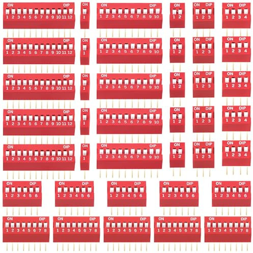 Interruptor Dip Kit Surtido, 40 Piezas 1 2 3 4 6 8 10 12 Pines 2.54mm Doble Fila de Interruptor de Tipo Deslizante de Encendido y Apagado, para Placas de Circuitos PCB (Rojo)