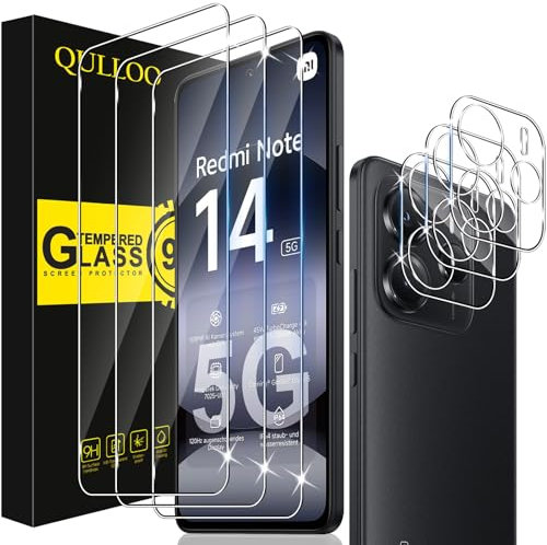 QULLOO Protector de Pantalla para Xiaomi Redmi Note 14 5G, 3 Piezas Cristal Templado y 2 Piezas Protector de Lente de Cámara, Dureza 9H Ultra Resistente Vidrio Templado