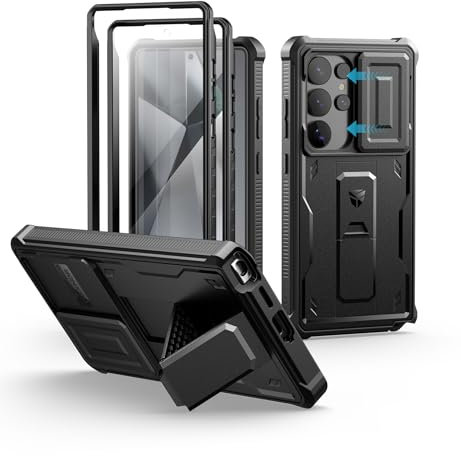 Dexnor Kompatibel mit Samsung Galaxy S25 Ultra Hülle mit Eingebaute Schiebekamera Abdeckung&Displayschutz&Kickstand, Schwerlast Stoßfestes Robustes Ganzkörper Stoßfänger Handyhülle - Schwarz