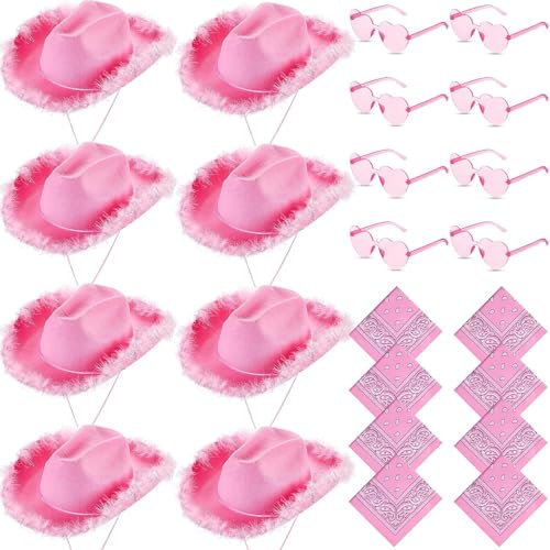 TESIN 24 Stück Pinker Cowboyhüte für Frauen – Flauschige Cowgirl-Hüte mit Paisley-Bandana und Herz-Sonnenbrillen für Hochzeit, Junggesellinnenabschied, Geburtstagsparty und Kostümzubehör