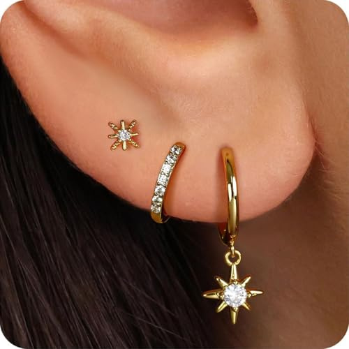 3 Paar Ohrringe Silber 925 Set für Damen 14K Vergoldet Kleine Creolen Ohrstecker Silber Gold mit Zirkonia Anhänger Stapelbar Wasserfest Stecker Ohrringe Set für Mehrere Ohrlöcher Schmuck Geschenk