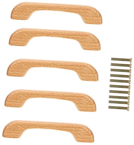 HOMSFOU Griffe aus massivem Holz für Schränke und Kleiderschränke, natürliches Finish mit Schrauben, langlebige Möbelbeschläge für Kommoden, 5 Stück