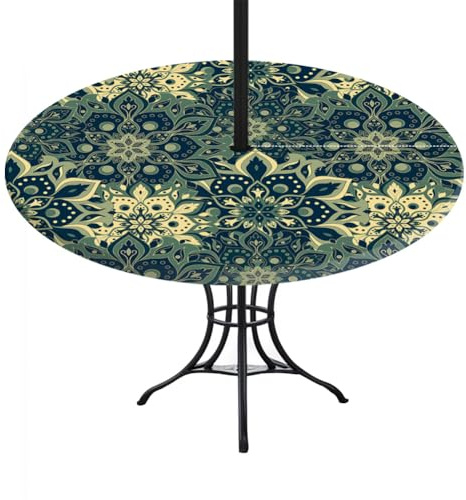 FANSU Tischdecke Rund Outdoor mit 5.5cm Loch in der Mitte, Tischdecken Abwaschbar mit Gummizug und Schirmloch Reißverschluss für Terrasse, Garten (Retro-Klassiker 1,M)