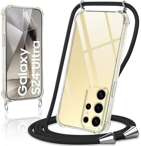 Coiwxmoi Coque avec Cordon pour Samsung Galaxy S24 Ultra, Collier Réglable Téléphone Étui Portable Lanyard Case Transparent Ultra Souple Silicone TPU Housse Antichoc Protection Cover, Noir