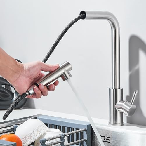 Rozin Wasserhahn Küche Hochdruck Gebürstetes Nickel 360° Drehung Küchenarmatur Ausziehbar Wasserhahn mit Brause Kalt und Heißt Wasser Mischbatterie Edelstahl
