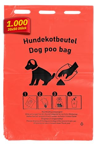 Hypafol Hundekotbeutel, 1000 Stück, Rot, HDPE | hygienisch & reißfest | Hundetüten mit Einhängeösen | 205 x 300 mm, extra stark | 20 Bündel à 50 Beutel – ideal für unterwegs & sichere Entsorgung
