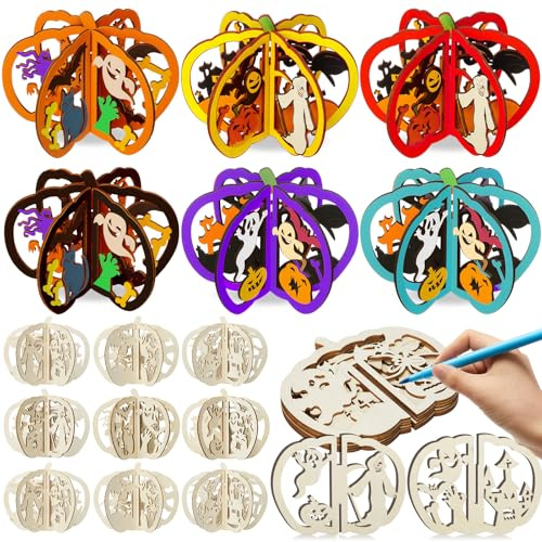 Yalikop 72 Pcs Halloween Wooden Crafts Kits Set 24 Pumpkin DIY 3D Unfinished Wood Slices Coloring Blank Wood Cutouts to Paint for Halloween Table Tray Decor(7.87 x 6.69 Inches,Ghost Pumpkin Cat)
