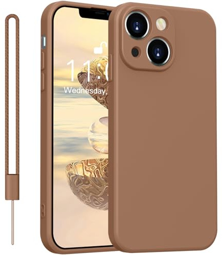 Yoawiful Case for iPhone 15 Soft Liquid Silicone with Lanyard 360°Full lens protection Antiskid DustProof Microfiber Lining Scratch Resistant Silicone Phone Cover For iPhone 15 Brown