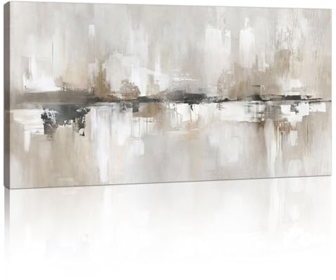 FajerminArt Großes Abstrakt Neutral Grau Weiß Leinwand Bilder Mit Rahmen Nordisch Minimalistisch Beige Grau Wandbilder Modern Bild Auf Leinwand Wandkunst Deko für Wohnzimmer Schlafzimmer Büro 50x100cm