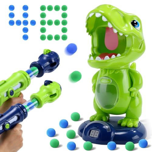 EagleStone Dinosaur Shooting Game for Kids Electronic Moving Target Toy | with LED Lights and Sound, 2 Pump Action Guns, 48 Foam Balls, Auto Score Record, Party Favor Gift for Boys and Girls