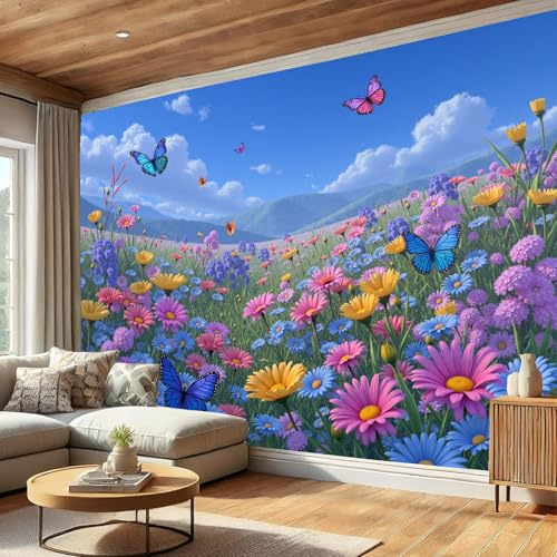 Blühende Blumen Seide Tapete 200x140cm Fototapete Wildblumen, Wiesen, Schmetterlinge Wandtapete XXL Wandbild Moderne Wanddeko für Wohnzimmer Schlafzimmer Fernseh Hintergrund, Blau