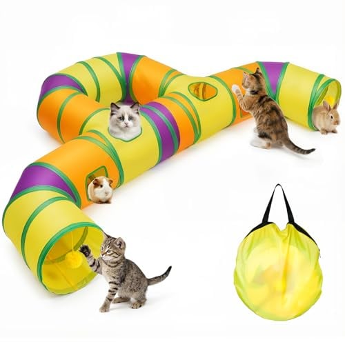 Katzentunnel groß, zusammenklappbares Katzen-Spielhaus Katzenspielzeug mit hängenden Pompons und interaktiven Löchern für Kätzchen, Welpen, Kaninchen, Frettchen und Meerschweinchen